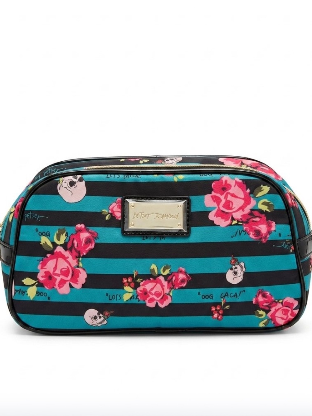 Betsey Johnson Skull Teal, Black & Pink Floral Stripe Makeup Pouch NWOT